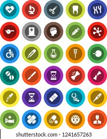 White Solid Icon Set- flask vector, pills, molecule, disabled, heart pulse, thermometer, insemination, syringe, dropper, crutches, scissors, scalpel, broken bone, sand clock, patch, stethoscope