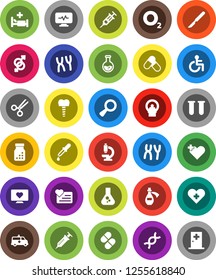 White Solid Icon Set- flask vector, pills, heart monitor, oxygen, disabled, cross, vial, gender sign, dna, magnifier, syringe, dropper, scissors, scalpel, bottle, microscope, chromosomes, diagnostic