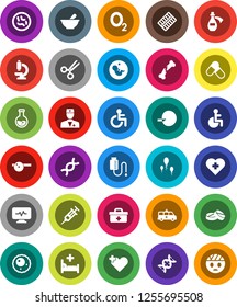 White Solid Icon Set- flask vector, pills, heart cross, oxygen, doctor bag, disabled, dna, pregnancy, insemination, syringe, scissors, broken bone, blister, mortar, eye hat, microscope, microbs