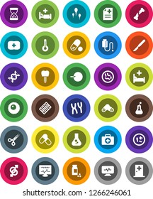 White Solid Icon Set- flask vector, pills vial, first aid kit, thermometer, gender sign, dna, insemination, scissors, scalpel, broken bone, sand clock, blister, microbs, chromosomes, anamnesis