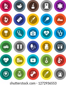 White Solid Icon Set- flask vector, heart pulse, first aid kit, ambulance star, thermometer, vial, dropper, broken bone, patch, stethoscope, pills, bottle, mortar, eye doctor hat, microscope, potion