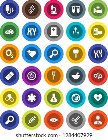 White Solid Icon Set- flask vector, pills, heart cross, oxygen, ambulance star, vial, eye, gender sign, magnifier, pregnancy, syringe, crutches, scissors, patch, mortar, microscope, microbs, sperm