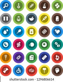 White Solid Icon Set- flask vector, pills vial, heart cross, disabled, thermometer, gender sign, dna, magnifier, pregnancy, insemination, syringe, crutches, broken bone, patch, bottle, blister