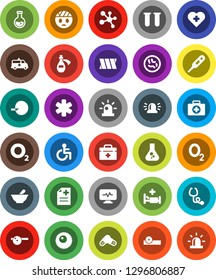 White Solid Icon Set- flask vector, molecule, heart cross, first aid kit, oxygen, doctor bag, ambulance star, disabled, thermometer, vial, insemination, stethoscope, pills, mortar, eye hat, microbs