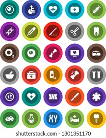 White Solid Icon Set- flask vector, pills vial, heart monitor, first aid kit, oxygen, doctor bag, ambulance star, disabled, pulse, cross, thermometer, dna, syringe, scissors, scalpel, broken bone