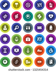 White Solid Icon Set- flask vector, pills vial, heart monitor, cross, doctor bag, ambulance star, disabled, thermometer, eye, gender sign, dna, magnifier, crutches, sand clock, patch, hat, microbs
