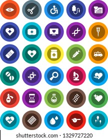White Solid Icon Set- flask vector, heart monitor, cross, first aid kit, disabled, pulse, eye, dna, magnifier, syringe, crutches, scissors, sand clock, patch, pills, bottle, blister, doctor hat