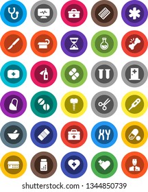 White Solid Icon Set- flask vector, pills vial, heart cross, first aid kit, doctor bag, ambulance star, thermometer, scissors, scalpel, broken bone, sand clock, patch, stethoscope, blister, mortar