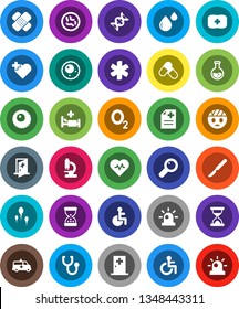 White Solid Icon Set- flask vector, heart pulse, pills, cross, first aid kit, oxygen, ambulance star, disabled, dna, magnifier, scalpel, sand clock, patch, stethoscope, microscope, microbs, sperm