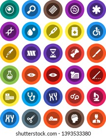 White Solid Icon Set- flask vector, heart monitor, ambulance star, disabled, thermometer, eye, gender sign, dna, magnifier, dropper, scissors, scalpel, broken bone, sand clock, stethoscope, blister