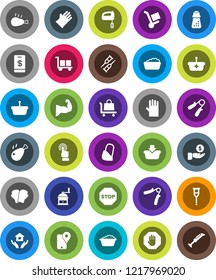 White Solid Icon Set- foam basin vector, rubber glove, house hold, hand mill, chicken leg, investment, trainer, muscule, boxing, traking, cargo, touchscreen, crutches, bandage, stop, basket, trolley