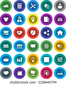 White Solid Icon Set- foam basin vector, calculator, graph, presentation board, calendar, t shirt, target, support, protected, newspaper, heart, pause button, pills, network, folder, equalizer, home