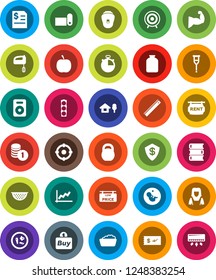 White Solid Icon Set- foam basin vector, cleaner woman, colander, jar, book, ruler, graph, coin stack, annual report, diet, stopwatch, weight, muscule hand, target, fitness mat, traffic light, buy