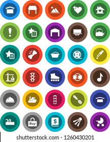 White Solid Icon Set- foam basin vector, kettle, skimmer, dish, music, annual report, roller Skates, shuttlecock, attention, traffic light, ship, truck trailer, dry cargo, film spool, heart cross