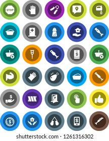 White Solid Icon Set- foam basin vector, rubber glove, house hold, hand mill, mixer, blender, chicken leg, dollar coin, investment, trainer, muscule, boxing, traking, touchscreen, finger up, bandage