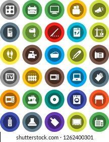 White Solid Icon Set- foam basin vector, rubber glove, cutting board, mixer, toaster, microwave oven, backpack, notebook pc, disk, tv, remote control, rca, thermometer, scalpel, table, heating, hood