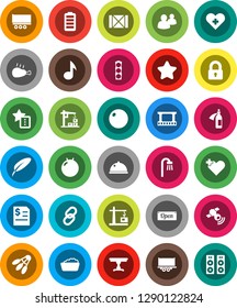 White Solid Icon Set- foam basin vector, dish, chicken leg, pen, music, annual report, fitball, shuttlecock, traffic light, truck trailer, wood box, film frame, satellitie, link, group, battery