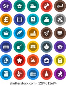 White Solid Icon Set- foam basin vector, kettle, turk coffee, pen, blackboard, bell, exchange, annual report, pound, shuttlecock, satellite, truck trailer, package, film frame, disabled, broken bone