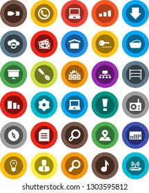 White Solid Icon Set- foam basin vector, skimmer, notebook pc, compass, music, document, manager, arrow down, presentation board, hierarchy, map pin, money, calendar, dry cargo, sorting, shelving