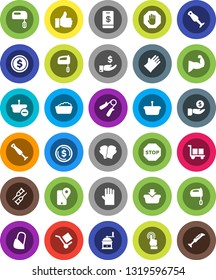 White Solid Icon Set- foam basin vector, rubber glove, hand mill, mixer, blender, dollar coin, investment, trainer, muscule, boxing, traking, cargo, touchscreen, finger up, crutches, bandage, stop