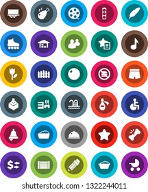 White Solid Icon Set- foam basin vector, dish, chicken leg, pen, pencil, bell, music, exchange, fitball, shorts, roller Skates, pool, no fastfood, traffic light, truck trailer, wood box, tulip, barn