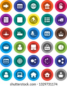 White Solid Icon Set- foam basin vector, cake, notebook pc, personal information, university, pie graph, target, pills, calendar, support, social media, stop button, connect, browser, share, home