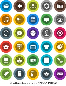 White Solid Icon Set- foam basin vector, sprayer, skimmer, pencil, calculator, music, presentation board, calendar, no fastfood, clock, pause button, rca, network folder, server, message, arrow