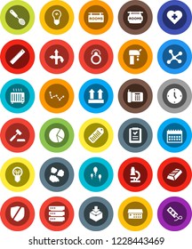 White Solid Icon Set- garbage pile vector, skimmer, ruler, microscope, constellation, gold ingot, pie graph, clock, calendar, heart cross, route, top sign, package, protected, barcode, sperm, phone
