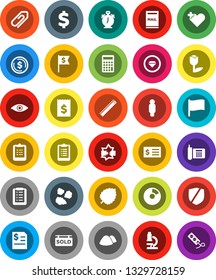 White Solid Icon Set- garbage pile vector, ruler, microscope, alarm clock, clipboard, flag, leaf, dollar coin, pie graph, annual report, calculator, receipt, man, sign, phone, tulip, protected, eye