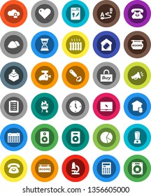 White Solid Icon Set- garbage pile vector, ladle, bbq, microscope, calculator, pie graph, clock, sand, calendar, phone, package, route, notebook pc, speaker, heart, cloud lock, rooms signboard, buy