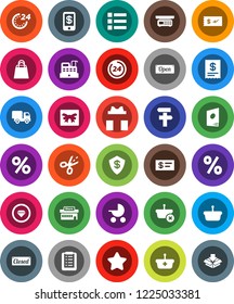 White Solid Icon Set- gift vector, star, open, closed, 24 hour, shopping bag, percent, mall, cashbox, receipt, basket, list, delivery, catalog, check, tap pay, coupon, diamond ring, baby stroller