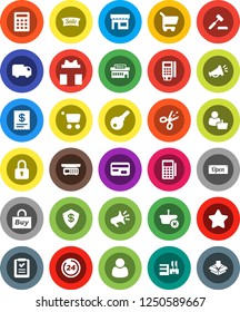 White Solid Icon Set- gift vector, credit card, star, sale, open, 24 hour, store, mall, customer, buy, reader, receipt, basket, cart, shopping list, calculator, auction, delivery, loudspeaker, lock