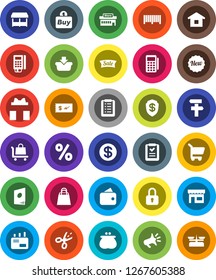 White Solid Icon Set- gift vector, dollar coin, wallet, sale, new, shopping bag, percent, market, store, mall, buy, barcode, card reader, basket, cart, home, list, trolley, mail, catalog, lock