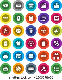 White Solid Icon Set- gift vector, credit card, wallet, cash, sale, open, closed, shopping bag, percent, store, mall, support, target, barcode, cashbox, calculator, auction, mail, catalog, coupon