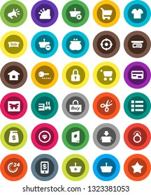 White Solid Icon Set- gift vector, credit card, wallet, money bag, sale, 24 hour, mall, target, buy, cashbox, basket, cart, home, catalog, loudspeaker, lock, tap pay, coupon, diamond ring, clothes