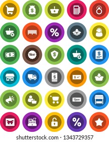 White Solid Icon Set- gift vector, cash, money bag, new, open, percent, market, store, customer, support, barcode, card reader, cashbox, receipt, basket, cart, delivery, loudspeaker, unlock, check