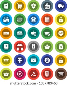 White Solid Icon Set- gift vector, dollar coin, cash, money bag, sale, mall, buy, card reader, basket, cart, calculator, auction, delivery, mail, catalog, lock, unlock, check, tap pay, diamond ring