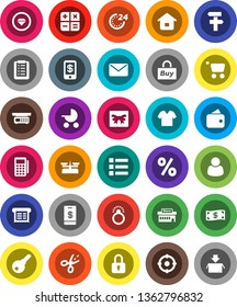 White Solid Icon Set- gift vector, wallet, cash, 24 hour, percent, mall, customer, target, buy, card reader, receipt, cart, home, shopping list, calculator, mail, lock, tap pay, coupon, diamond ring