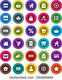 White Solid Icon Set- gift vector, credit card, cash, money bag, open, shopping, percent, market, store, support, target, barcode, cashbox, basket, cart, home, auction, trolley, loudspeaker, tap pay