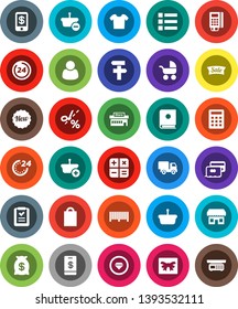 White Solid Icon Set- gift vector, credit card, money bag, sale, new, 24 hour, shopping, store, mall, customer, barcode, reader, basket, list, calculator, delivery, catalog, tap pay, coupon, clothes