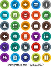 White Solid Icon Set- glasses vector, scissors, abacus, music, piggy bank, case, annual report, tie, calendar, snickers, shorts, swimsuite, t shirt, target, radio, menu, arrow, cushioned furniture