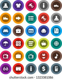 White Solid Icon Set- glasses vector, music, piggy bank, case, annual report, tie, dollar sign, snickers, shorts, swimsuite, t shirt, target, calendar, umbrella, satellitie, tv, menu, arrow, hood