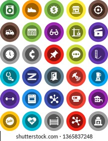 White Solid Icon Set- glasses vector, schedule, molecule, clock, dollar medal, cent sign, barbell, measuring, snickers, office, cinema clap, satellitie, thumbtack, heart pulse, stethoscope, message