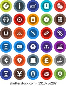 White Solid Icon Set- gold ingot vector, pie graph, japanese candle, laptop, crisis, investment, coin stack, check, annual report, clock, target, sand, personal information, tie, dollar shield, cent