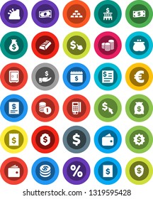 White Solid Icon Set- gold ingot vector, wallet, cash, money bag, investment, coin stack, bank building, receipt, dollar medal, shield, safe, calendar, cursor, euro sign, percent, card reader