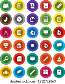 White Solid Icon Set- graduate hat vector, pen, pencil, school building, ruler, drawing compass, student, backpack, microscope, table lamp, clipboard, award cup, certificate, abacus, music, document