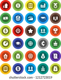 White Solid Icon Set- graduate hat vector, clipboard, award cup, certificate, graph, pie, japanese candle, money bag, dollar growth, bank building, target, medal, cent sign, stairways run, top, coin