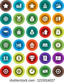 White Solid Icon Set- graduate hat vector, award cup, certificate, graph, pie, japanese candle, money bag, dollar growth, bank building, target, medal, stairways run, top sign, favorites, cash