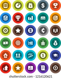 White Solid Icon Set- graduate hat vector, clipboard, award cup, certificate, graph, pie, japanese candle, money bag, dollar growth, bank building, target, medal, cent sign, stairways run, top, coin