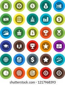 White Solid Icon Set- graduate hat vector, clipboard, award cup, certificate, graph, pie, japanese candle, money bag, bank building, target, dollar medal, sign, stairways run, favorites, coin, cash